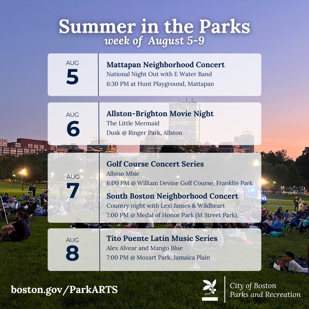 BostonParksDept's tweet photo. We've got a great week lined up for you in Boston's parks 🌳🎥🤸‍♂️🎨 From neighborhood movie nights to puppet shows and everything in between. 

Check out all of our upcoming events at https://t.co/JfIDxCKjjz https://t.co/PZcYhWX77F