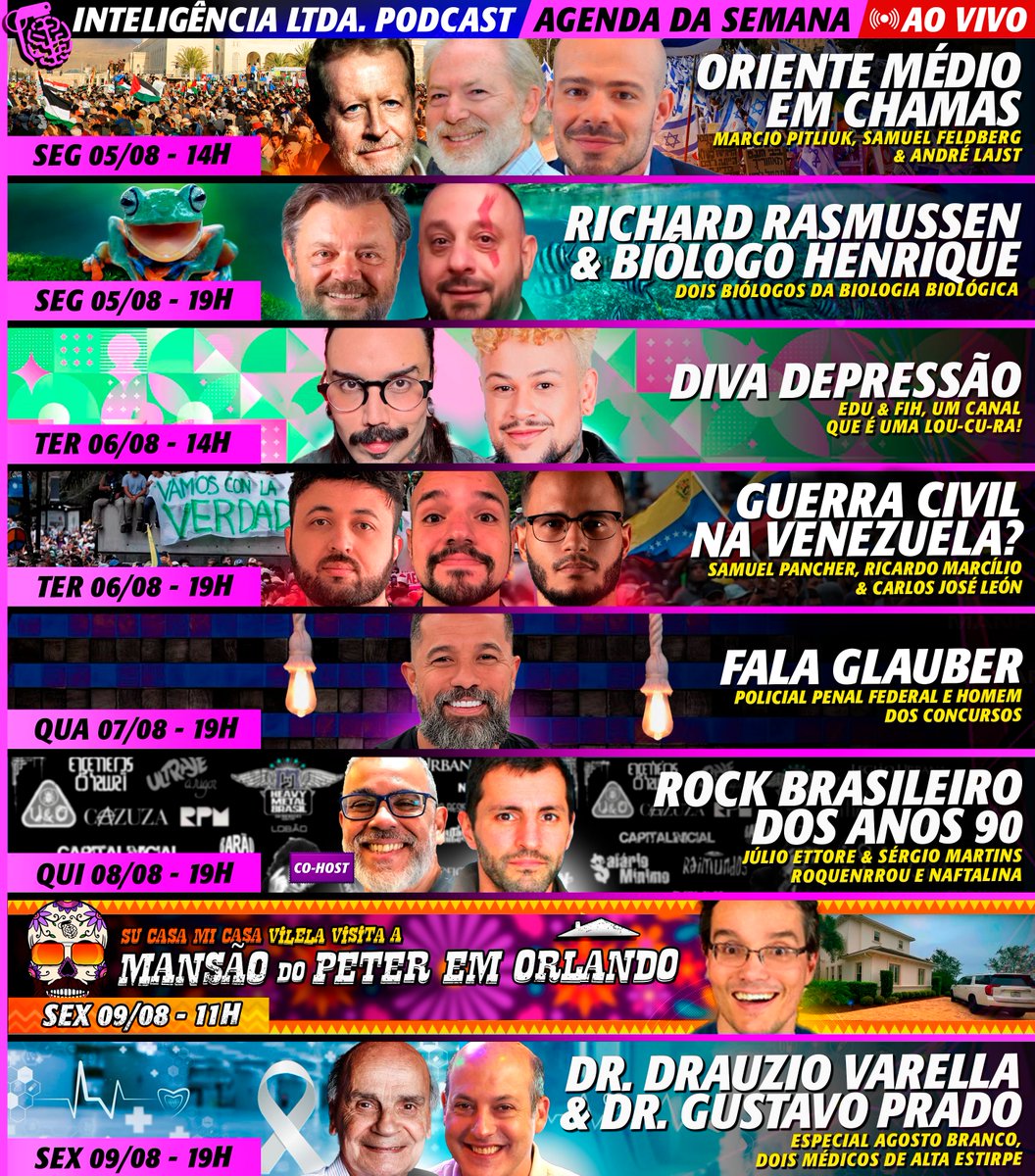 SE14-Marcio Pitliuk, Samuel Feldberg e André Lajst
SE19-Richard Hasmussen e <a href="/BiologoHenrique/">Biólogo Henrique</a>
TE14-<a href="/DivaDepressao/">Diva Depressão</a>
TE19-<a href="/SamPancher/">Sam Pancher</a>, <a href="/profricmarcilio/">Professor Ricardo Marcílio</a> e <a href="/carlosjoseleon_/">Carlos José León</a>
QUA19-Fala Glauber
QUI19-Júlio Ettore e Sérgio Martins
SE11-@peterjordan100
SE19-<a href="/drauziovarella/">Portal Drauzio</a> e Gustavo Prado