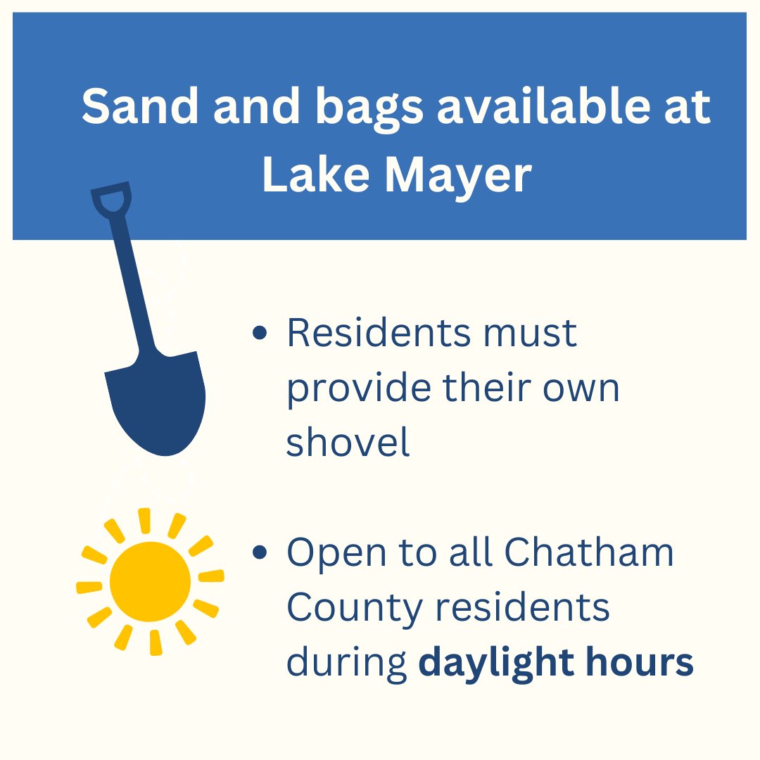 Sand and bags available at Lake Mayer on Sallie Mood Drive. Residents must provide their own shovel. Open to all Chatham County residents during daylight hours. Other municipalities are providing sandbags, please check with your municipality to see if sandbags are available.