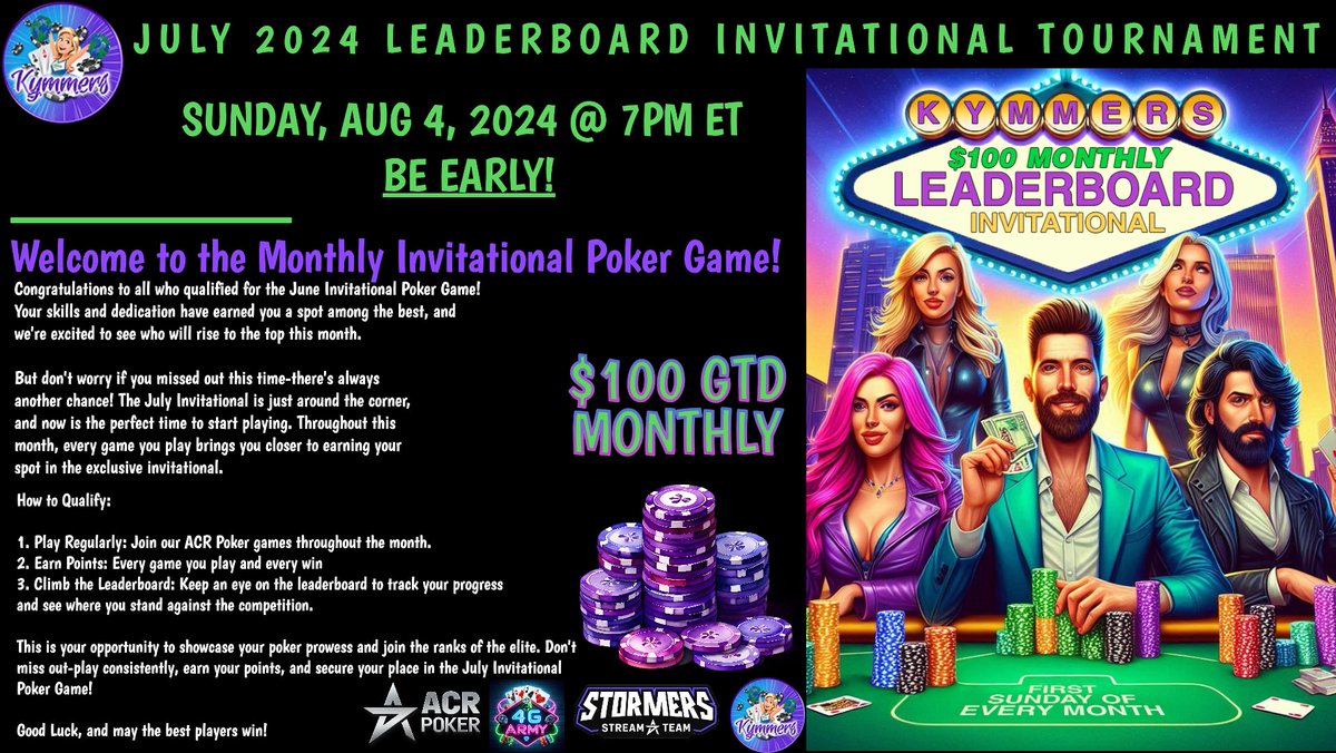 ⛳ SUNDAY FUNDAY ⛳
🔴 LIVE 👉 twitch.tv/Kymmers66

🏆 JULY 2024 LB Game $100 GTD 🏆
📢  Knights of Round Table NLHE &amp; Masshole Mixed HG (RAZZ)
📢  FREE entries  💸 Bubble Prize 💸
🪂🪂🪂  !ACR !FIESTA !NEW !DISCORD
📢 NEED AN ACR ACCOUNT? bit.ly/KymmersBONUS

✨ Come