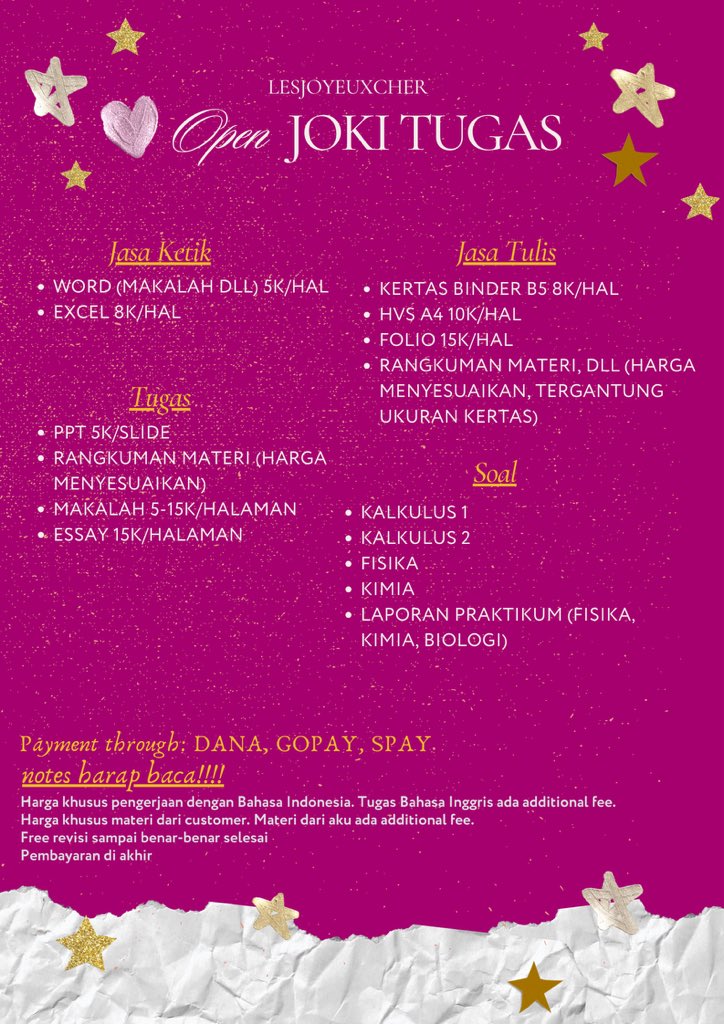 lesjoyeuxcher's tweet photo. open joki smp sma mulai tugas tulis ketik rangkuman makalah essay ppt, atau segala jenis tugas juga bisa full bahasa inggris!!! langsung wa yuk fastresp!  https://t.co/5AYt6kkMyJ #zonauang #jokitugaskuliah #jokitugas https://t.co/oBcOX2QGFA