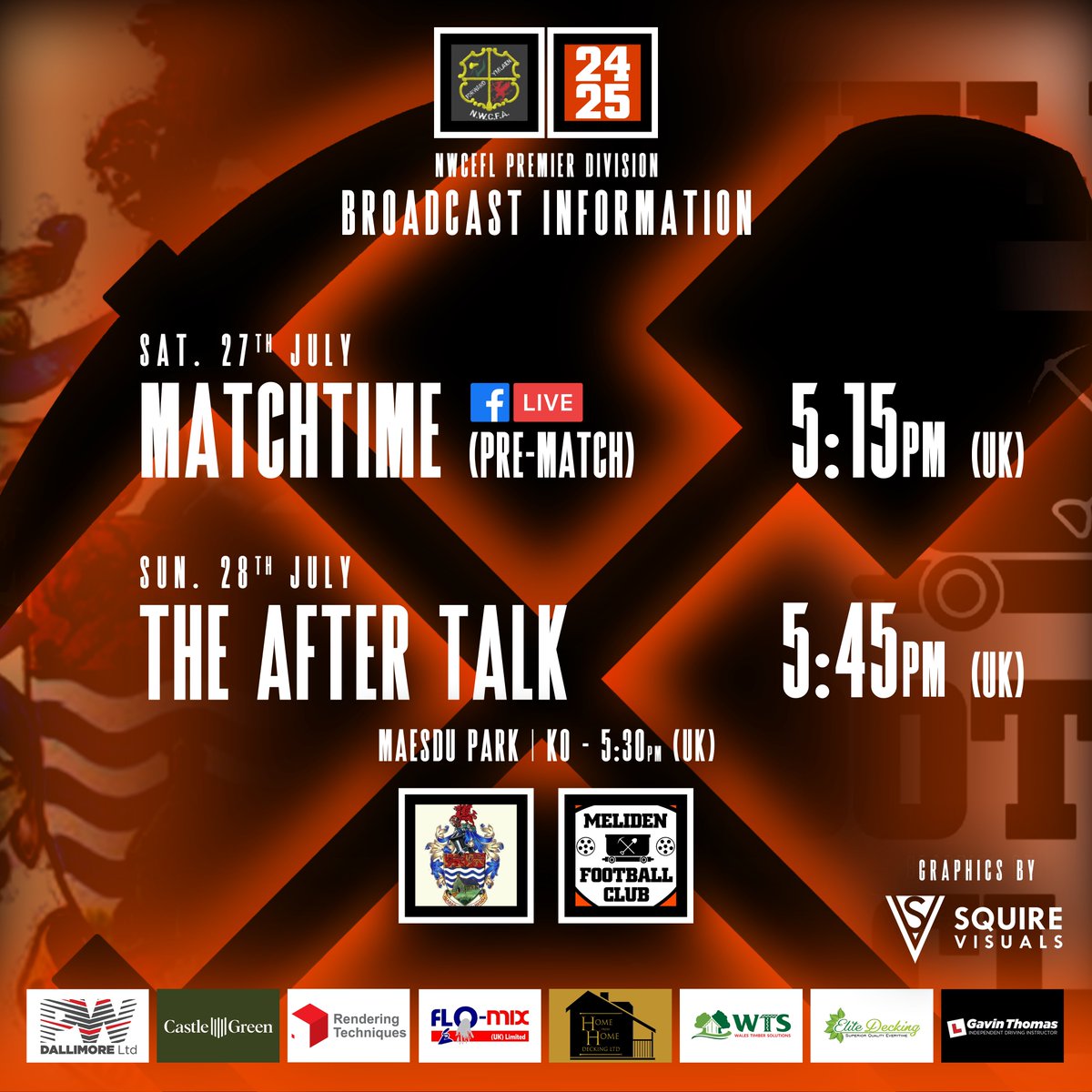 🟠 𝐁𝐑𝐎𝐀𝐃𝐂𝐀𝐒𝐓 𝐈𝐍𝐅𝐎 ⚫️

Here is the schedule for this coming weekend's game against Llandudno Amateurs!

Don't forget to send in any questions, thoughts &amp; opinions regarding the previous weekend or the upcoming game for The After Talk!

#UpTheMiners 🟠⚫️