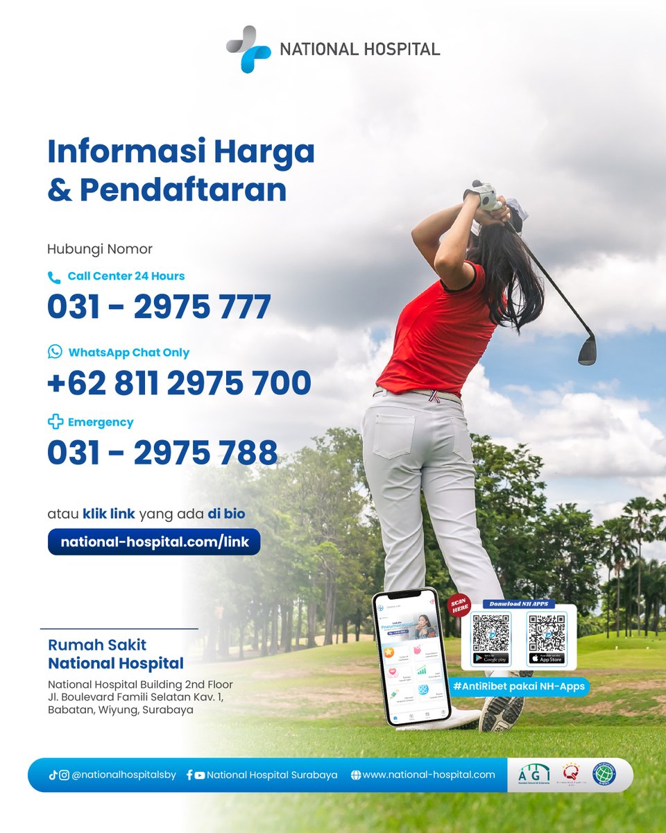 Dari beberapa penelitian, cidera golfer mencapai 64 persen lho. Karena itu, penting sekali melakukan skrining atau Medical Check Up sebelum melakukan golf.
Persiapkan olahraga golf terbaikmu bersama National Hospital melalui Medical Check Up khusus Golfer.
#NationalHospital