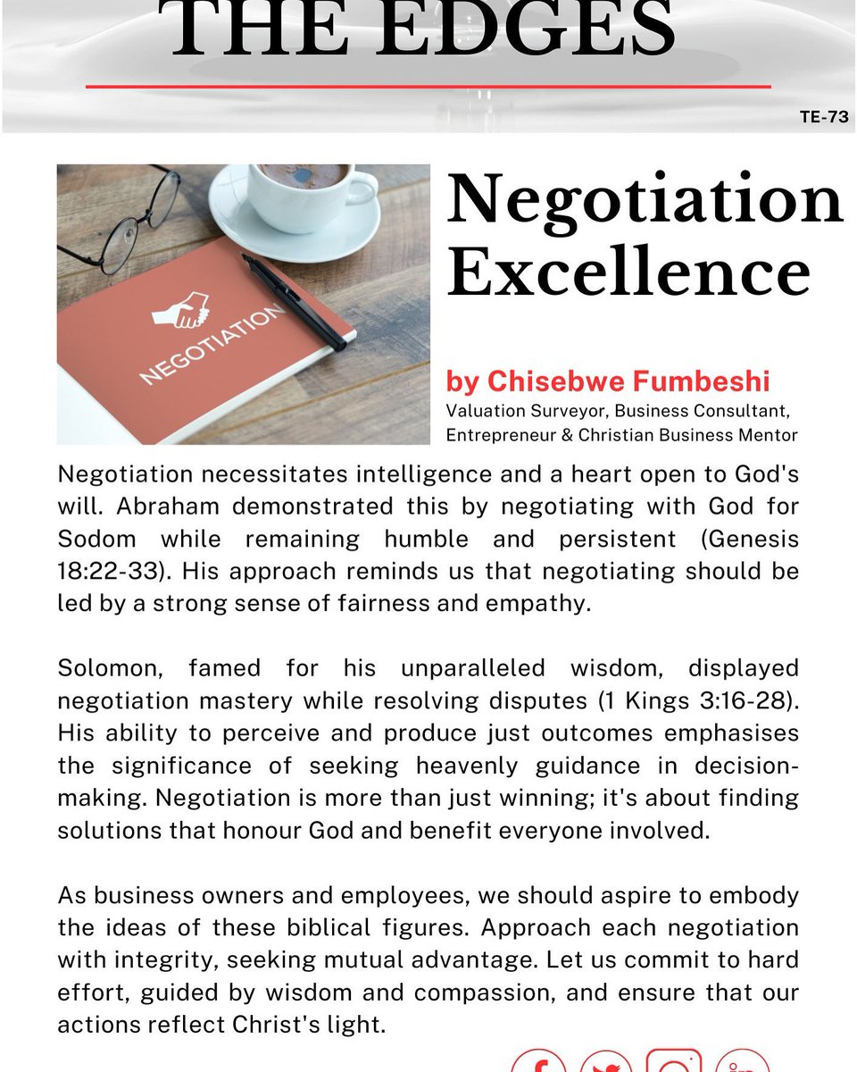 Negotiation Excellence

Negotiation requires wisdom and a heart aligned with God’s will. Like Abraham and Solomon, seek fairness, empathy, and heavenly guidance in all dealings.

#PositiveWorkPlace #TheEdges #ChisebweFumbeshi #ChristianBusinessMentor 

chisebwefumbeshi.com/2024/08/05/neg…