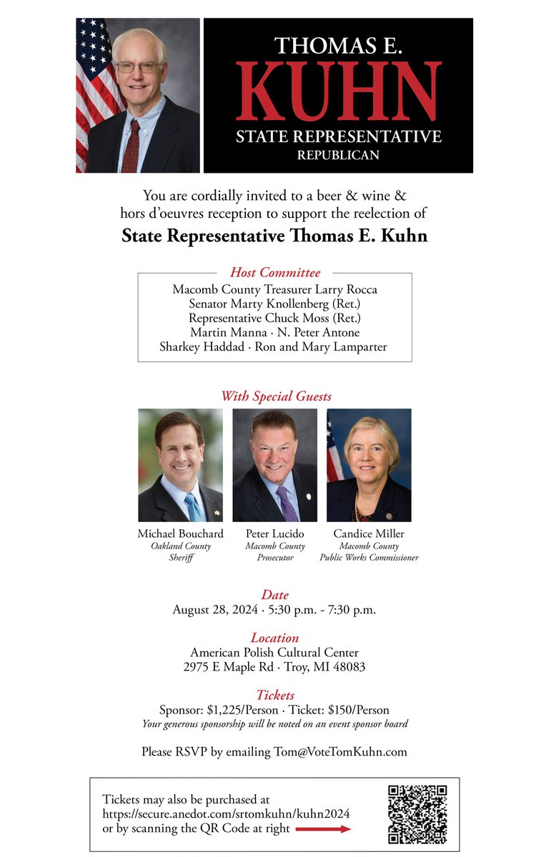 MARK YOUR CALENDAR! You're invited to a reception on August 28th to support the reelection of State Rep. Thomas Kuhn. Tickets can be purchased by scanning the QR Code below or by visiting secure.anedot.com/srtomkuhn/kuhn…

P.S. Click the photo below to see the full invite