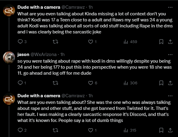 gibbsforsix's tweet photo. It's kind of insane @rawsalerts still has a platform and 1m+ followers

This man asked a 17 year old (at the time) to r*pe him in a public server and in DMs (admitted here), AND shifted the blame onto her for talking about it, and CLEARLY sees nothing wrong 3 years later (1/2) https://t.co/D50ohwHFRR