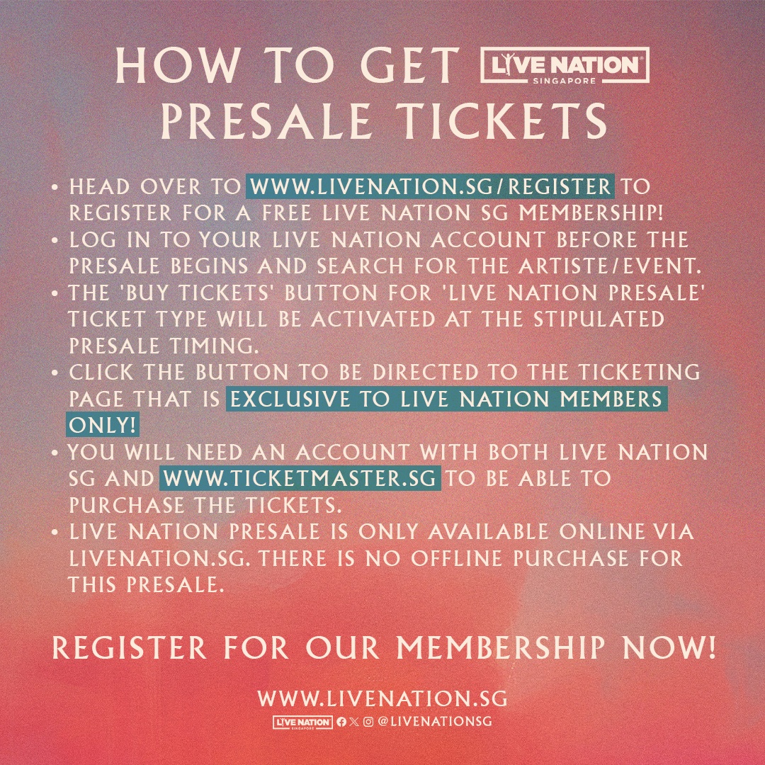 livenationsg's tweet photo. 📢 𝐈𝐦𝐚𝐠𝐢𝐧𝐞 𝐃𝐫𝐚𝐠𝐨𝐧𝐬 - 𝐋𝐎𝐎𝐌 𝐖𝐎𝐑𝐋𝐃 𝐓𝐎𝐔𝐑 𝐢𝐧 𝐒𝐢𝐧𝐠𝐚𝐩𝐨𝐫𝐞 🇸🇬

Singapore! Grammy award-winning American band @Imaginedragons is 𝒄𝒐𝒎𝒊𝒏' 𝒇𝒐𝒓 𝒚𝒐𝒖, so 𝒘𝒂𝒌𝒆 𝒖𝒑! ❤️‍🔥

📆 25 November 2024
📍 Singapore Indoor Stadium
🎫: https://t.co/OHdJUGETMS

🎶 𝐀𝐫𝐭𝐢𝐬𝐭𝐞 𝐏𝐫𝐞𝐬𝐚𝐥𝐞: 12 Aug (Mon), 12pm - 11:59pm
Visit https://t.co/InTp7Aedny to find out more. 

🎶 𝐌𝐚𝐬𝐭𝐞𝐫𝐜𝐚𝐫𝐝 𝐏𝐫𝐞𝐬𝐚𝐥𝐞: 13 Aug (Tue), 12pm - 15 Aug (Thu), 12pm
Visit https://t.co/vVfzbkCnpz to find out more.

🎶 𝐋𝐢𝐯𝐞 𝐍𝐚𝐭𝐢𝐨𝐧 𝐏𝐫𝐞𝐬𝐚𝐥𝐞: 15 Aug (Thu), 2pm - 11:59pm
Register for a FREE membership via https://t.co/7gfLdXmNrd to access the presale!

🎶 𝐆𝐞𝐧𝐞𝐫𝐚𝐥 𝐒𝐚𝐥𝐞: 16 Aug (Fri) from 12pm via https://t.co/O3kUCNTtDI / hotline +65 3158 8588 

For more information, visit https://t.co/64M7ZkxSmi 

#ImagineDragons #LOOMWorldTourinSingapore #LiveNationSG