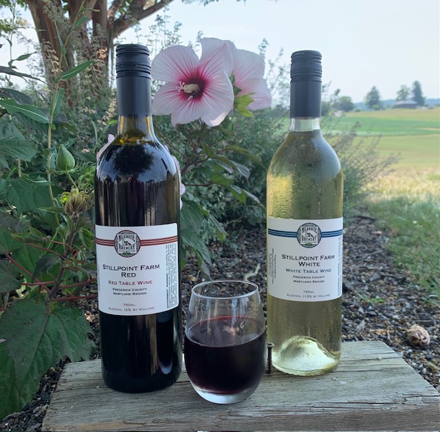 We are now serving our red and white wine by the glass.
Stillpoint Farm Red – A dry, light blend of grapes from Frederick Co. with a fruit nose and a spice and oak finish.
Stillpoint Farm White – A crisp, dry blend grown in Frederick Co. – light, aromatic, refreshing.
