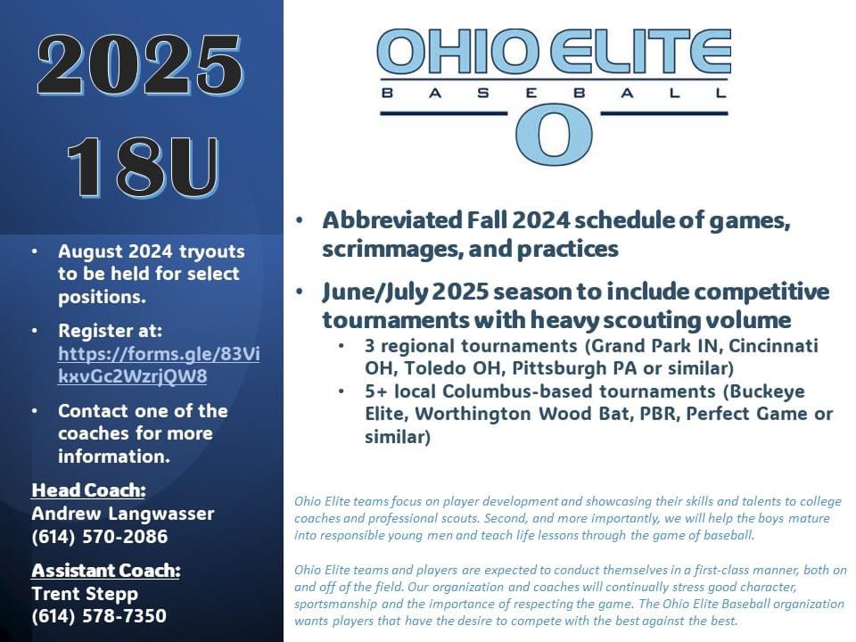 Tryouts Wednesday, August 7 at 6:00PM and Saturday August 10 at 3:00PM on the field behind the Watkins Middle School (old varsity field) at 8868 Watkins Rd SW, Pataskala, OH  43062.  Register ahead of attending at: forms.gle/BFG78EKFvYtEEL…
