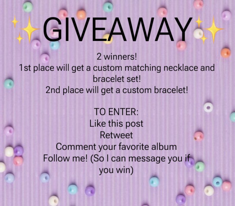 Sunnistreams's tweet photo. Oh here we go again.. 
✨GIVEAWAY✨ 
2 winners! (Open internationally)
🥇 gets a CUSTOM matching necklace/bracelet set! 
🥈 gets a Custom bracelet! 
TO ENTER:
✨Like 
✨Retweet 
✨Comment your favorite album!
✨Follow me! (So I can message you if you win) 
Ends August 16th! https://t.co/grXlOck7NS