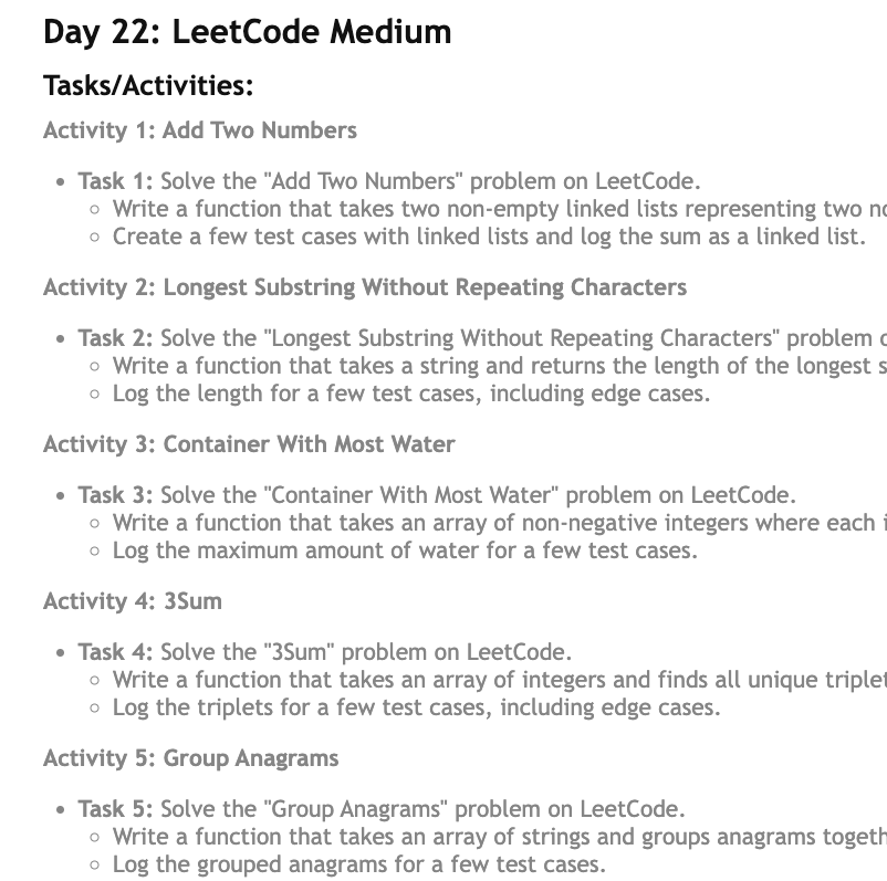 pranavahuja270's tweet image. 🚀Day-22 & 23 of #30DaysOfJavaScriptChallenge by
@Hiteshdotcom
LeetCode Medium & Hard:
- Add 2 Nums
- Longest Substring Without Repeating Chars
- Container With Most Water
- 3Sum
- Group Anagrams
- Median of Sorted Arrays
- Merge k Lists
- Trapping Rainwater
- N Queens