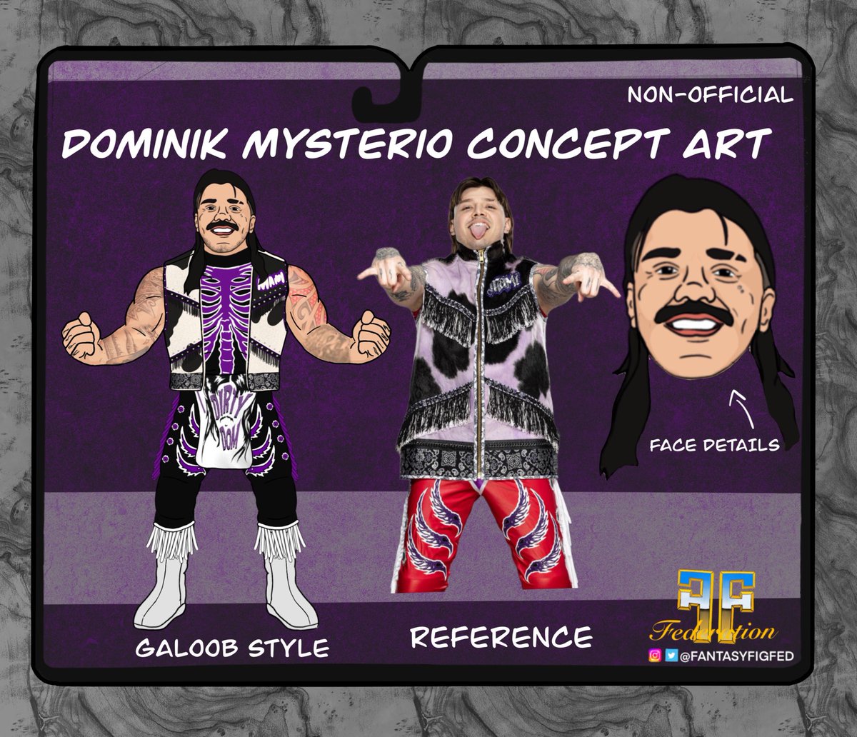 FantasyFigFed's tweet photo. Dominik Mysterio Galoob Style Figure fan art. Fresh off his despicable betrayal of Rhea Ripley. Some of the best ring gear/entrance gear in the game right now. 

#dominikmysterio #dirtydom #wwe #summerslam #wweraw #wwesmackdown #wrestlingfigures #galoob #fanart https://t.co/YHJcnDkBwq