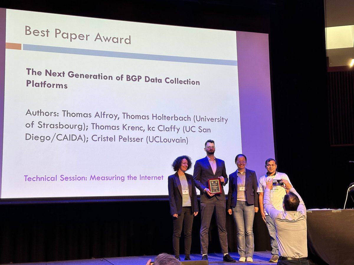 Cristel Pelsser (@cristel_pelsser) on Twitter photo It’s an honor to receive the ACM SIGCOMM best paper award. Thanks for the exceptional team work <a href="/ThomasAlfroy/">Alfroy Thomas</a>, <a href="/KTrel67/">Thomas Holterbach</a> , Thomas Krenc, kc claffy. Thanks to the PC and all the conference volunteers . Looking forward to a great conference. It’s an honor to receive the ACM SIGCOMM best paper award. Thanks for the exceptional team work <a href="/ThomasAlfroy/">Alfroy Thomas</a>, <a href="/KTrel67/">Thomas Holterbach</a> , Thomas Krenc, kc claffy. Thanks to the PC and all the conference volunteers . Looking forward to a great conference.