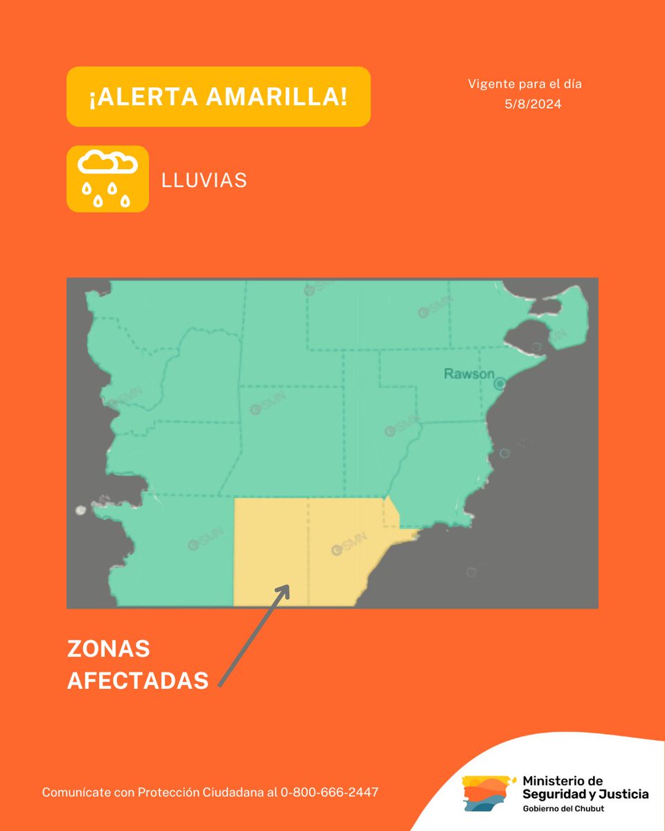 DcChubut's tweet photo. ⚠ La Subsecretaría de Protección Ciudadana dependiente del Ministerio de Seguridad y Justicia, informa sobre  la zona de cobertura del alerta amarilla por lluvias, emitido por el Servicio Meteorológico Nacional prevista para la tarde del 5 de agosto. https://t.co/X5BMttAfn3