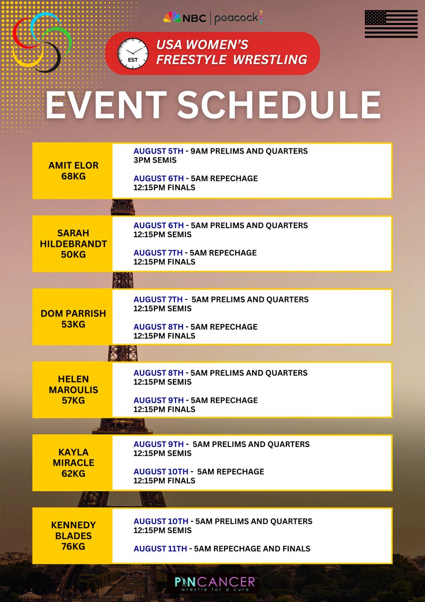 PinCancer's tweet image. Who is ready for some Olympic wrestling tomorrow? 🤼‍♂️ Tune into NBC or Peacock to watch our USA men and women take the mat! 🇺🇸 Full schedule below..
#TeamUSA #Olympics #wrestling