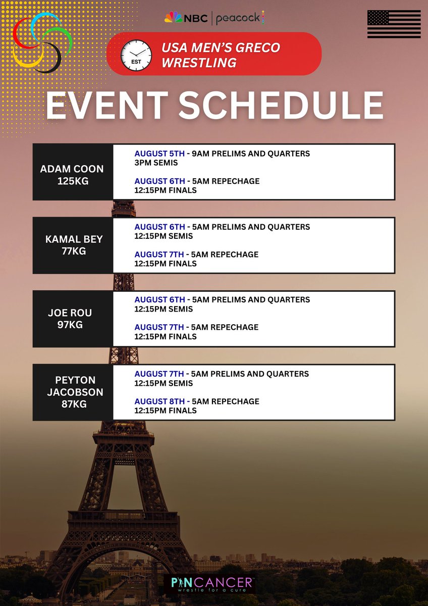 PinCancer's tweet image. Who is ready for some Olympic wrestling tomorrow? 🤼‍♂️ Tune into NBC or Peacock to watch our USA men and women take the mat! 🇺🇸 Full schedule below..
#TeamUSA #Olympics #wrestling