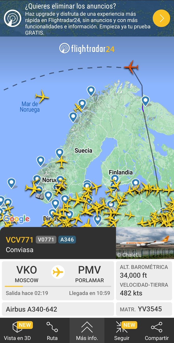 Debido a las sanciones contra Venezuela promovidas por la oposición nazi fascista venezolana, nuestro avión de CONVIASA nuevamente es obligado a volar por el polo norte ya que tiene prohibido volar por territorio de la Union Europea.