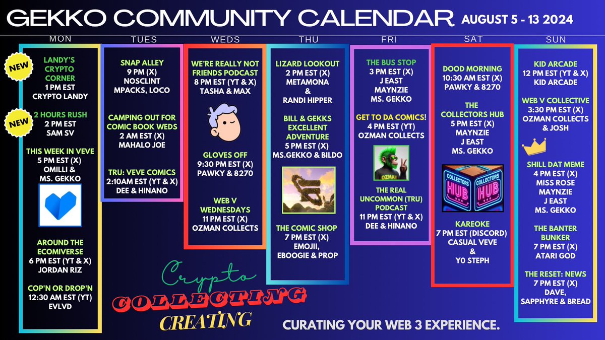 Ms_Gekko's tweet image. 🦎Gekko Community Calendar🦎 

Here’s where I’ll be this week… come by to say hello!! 

NEW: 
Landy’s Crypto Corner @CryptoLandy 
2 Hours Rush @svofshahr 

Communities:
💥 @veve_official &amp;amp; @veve_comics 
💥 @futureverse 
💥 @doodles 
💥 @LizLabsio 
💥 @MARVELSNAP