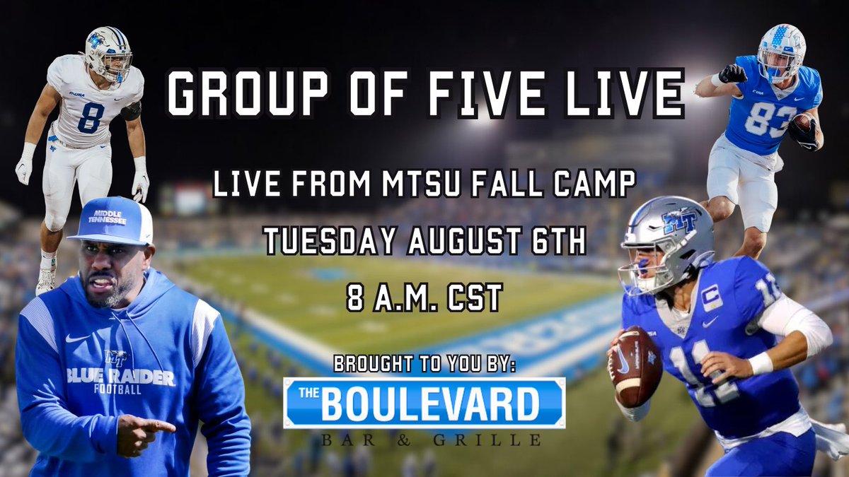 Group Of Five Guys (@groupoffiveguys) on Twitter photo 🚨Group of Five Live🚨
We will be live Tuesday morning from <a href="/MT_FB/">Middle Tennessee Football</a> fall camp! We're talking Blue Raider schedule, position groups and much more. <a href="/CoachDerekMason/">Derek Mason</a>, along with other coaches and players will join us to give an update on fall camp. Football is back! <a href="/MT_Promotions/">MTSU Athletics Marketing</a> 🚨Group of Five Live🚨
We will be live Tuesday morning from <a href="/MT_FB/">Middle Tennessee Football</a> fall camp! We're talking Blue Raider schedule, position groups and much more. <a href="/CoachDerekMason/">Derek Mason</a>, along with other coaches and players will join us to give an update on fall camp. Football is back! <a href="/MT_Promotions/">MTSU Athletics Marketing</a>