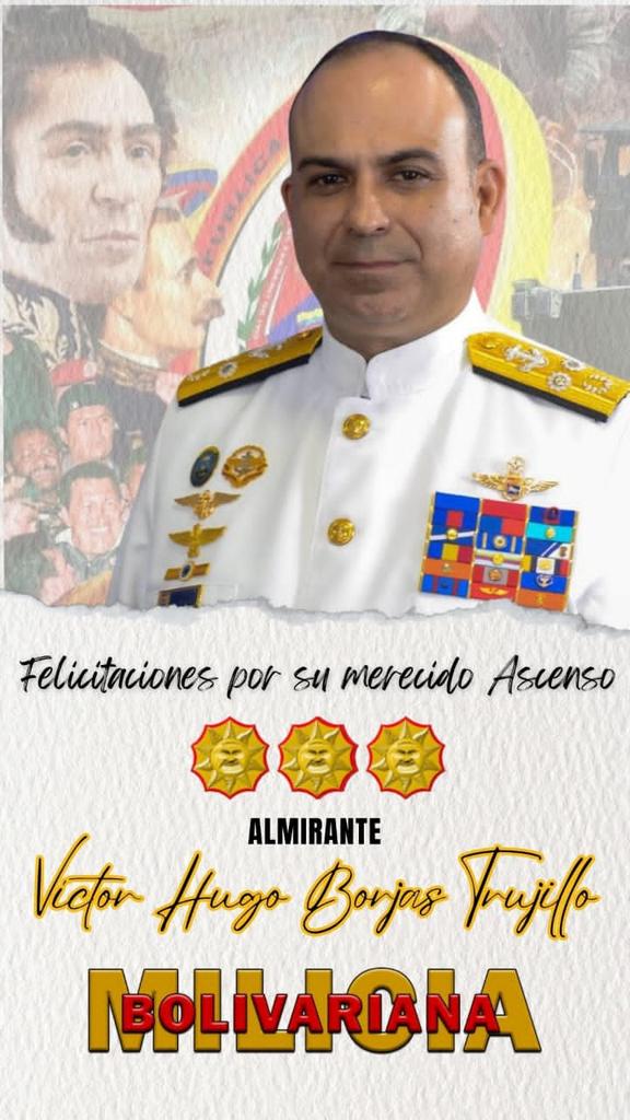 Milicia_ve's tweet photo. #04Ago || La Gran Familia de la @Milicia_B1 se enorgullece en Felicitar al Almirante Victor Borjas Trujillo, por haber ascendido al Grado Inmediato Superior como reconocimiento a su profesionalismo, lealtad y compromiso patrio. https://t.co/nMNZyNHgvu