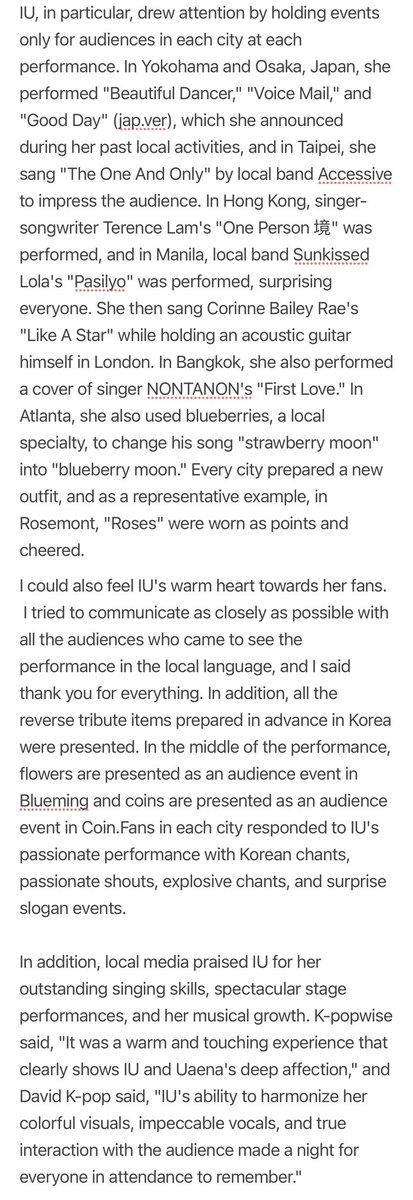 VicLJE's tweet photo. IU, the completion of the world tour..."The only one and only one top artist." [Official]

“I could also feel IU's warm heart towards her fans. I tried to communicate as closely as possible with all the audiences who came to see the performance in the local language, and I said thank you for everything. In addition, all the reverse tribute items prepared in advance in Korea were presented. In the middle of the performance, flowers are presented as an audience event in Blueming and coins are presented as an audience event in Coin. Fans in each city responded to IU's passionate performance with Korean chants, passionate shouts, explosive chants, and surprise slogan events.

In addition, local media praised IU for her outstanding singing skills, spectacular stage performances, and her musical growth. K-popwise said, "It was a warm and touching experience that clearly shows IU and Uaena's deep affection," and David K-pop said, "IU's ability to harmonize her colorful visuals, impeccable vocals, and true interaction with the audience made a night for everyone in attendance to remember."

IU said at the world tour's last performance, "I've said thank you so much today, but I'm grateful to all Elena (city name + UAENA) who came to support or enjoy the world tour's performance even though it's not the last performance."Finally, he finished his official schedule by shouting "I did it" and leaving.”

➡️아이유, 월드투어 대장정 성료..'유일무이 원톱 아티스트' [공식] (출처 : 네이버 스포츠) https://t.co/omTQX9vSQt 

#IU #아이유 #HEREH 
#IU_WORLD_TOUR