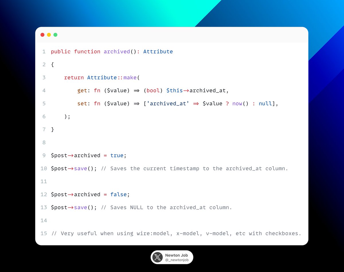 _newtonjob's tweet photo. #Laravel pro tip: 
If you're setting timestamp values from the frontend, use a boolean attribute to proxy values to and from the underlying timestamp column. https://t.co/IRpjHamrc9