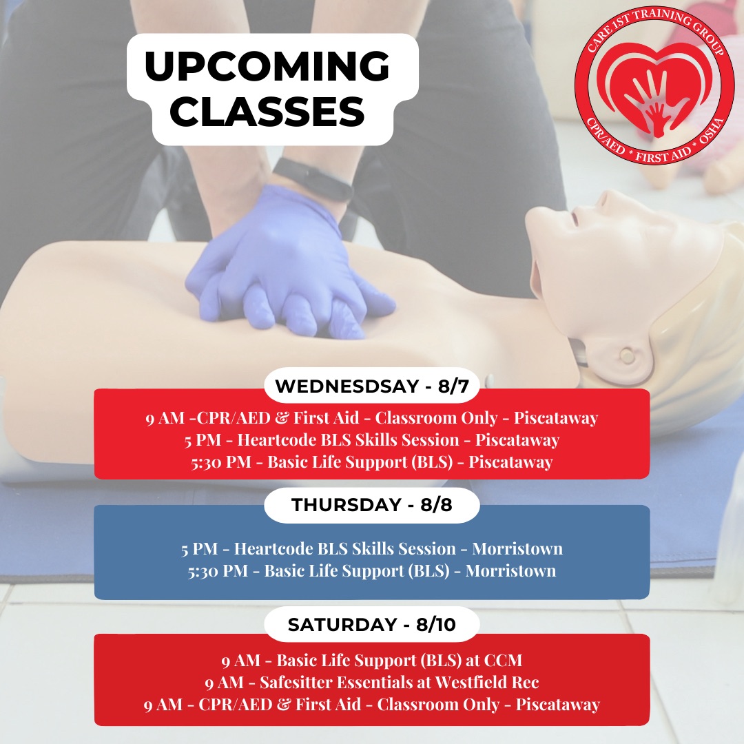 Care1stCPR's tweet image. 🗓️ Check out our weekly CPR &amp;amp; BLS class schedule and secure your spot today! Equip yourself with lifesaving skills. 💪 #LearnToSaveLives #Care1stCPR #Care1stTrainingGroup