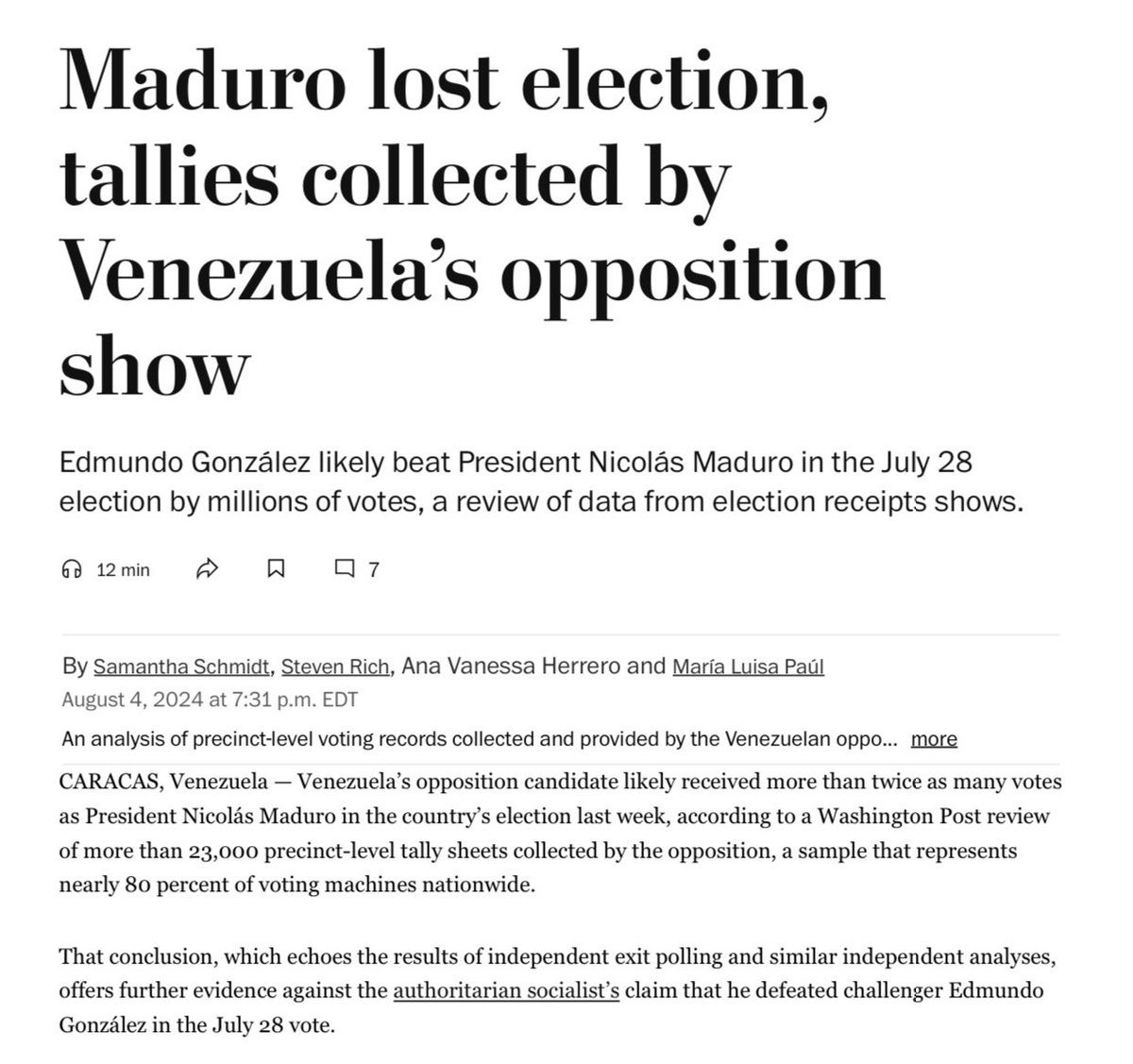 🚨 | El Washington Post realiza un exhaustivo reportaje sobre los resultados de las elecciones del 28 de julio.

Conclusión: Maduro perdió las elecciones.