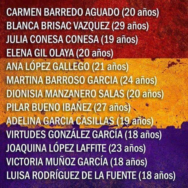 5 de agosto de 1939
13 mujeres republicanas y comunistas fueron fusiladas por el franquismo
Su memoria nunca morirá
🌹Adelina
🌹Ana 
🌹Blanca
🌹Carmen
🌹Dionisia
🌹Elena
🌹Joaquina
🌹Julia
🌹Luisa
🌹Martina
🌹Pilar
🌹Victoria
🌹Virtudes
Honor y gloria eterna a las 13 Rosas