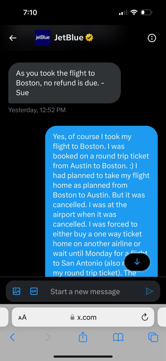 ChrissyH11's tweet photo. @JetBlue love that Emma deletes her message @JetBlue. Also loved that customer service said that I took my ROUND TRIP ticket to Boston, I was not due a refund for the flight. Yeah had you told me I wasn’t getting home, I wouldn’t have booked it. 🙄 https://t.co/cPAJiefX52