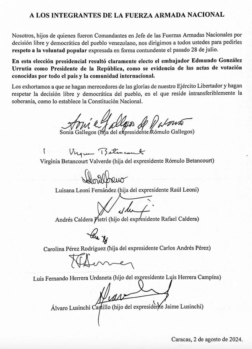unidadvenezuela's tweet photo. Pronunciamiento de hijos de expresidentes de Venezuela dirigido a la Fuerza Armada, pidiendo que se respete la voluntad del pueblo expresada el 28 de julio, al resultar electo por votación popular @EdmundoGU.

El Plan República sabe lo que pasó, y es deber de la Fuerza Armada hacer cumplir la voluntad democrática del pueblo.