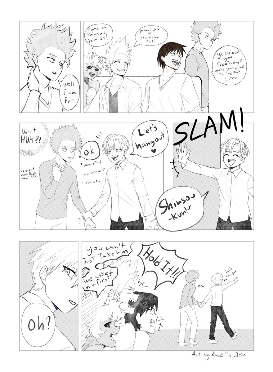 Kaiella_Jen's tweet photo. #monoshin #monoshinweek2024 

day 1: annoyance/scarifies 

i chose annoyance 

"who gets to hangout with shinsou? monoma or class A?"
(1/3) https://t.co/sAEbEWNeYd