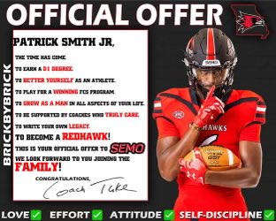 Patrick Smith Jr (@lilpatjr79) on Twitter photo Blessed to have Earned (A)n Official Offer From Southeast Missouri State University!! <a href="/Coach_QuinJones/">Quin Jones</a> <a href="/coachfloyd33/">Stuart Floyd</a> <a href="/Coach_McCal/">Derius</a> <a href="/JakeHelveston/">Jake Helveston</a> <a href="/coachswift64/">Coach T. Swift</a> <a href="/RecruitBigClay/">Clay-Chalkville Football Recruiting</a> <a href="/CCHSfootbal/">Clay-Chalkville Football</a> <a href="/HallTechSports1/">Hall-Tech Sports</a> <a href="/BamaPrepsFB/">BamaPreps</a> Blessed to have Earned (A)n Official Offer From Southeast Missouri State University!! <a href="/Coach_QuinJones/">Quin Jones</a> <a href="/coachfloyd33/">Stuart Floyd</a> <a href="/Coach_McCal/">Derius</a> <a href="/JakeHelveston/">Jake Helveston</a> <a href="/coachswift64/">Coach T. Swift</a> <a href="/RecruitBigClay/">Clay-Chalkville Football Recruiting</a> <a href="/CCHSfootbal/">Clay-Chalkville Football</a> <a href="/HallTechSports1/">Hall-Tech Sports</a> <a href="/BamaPrepsFB/">BamaPreps</a>