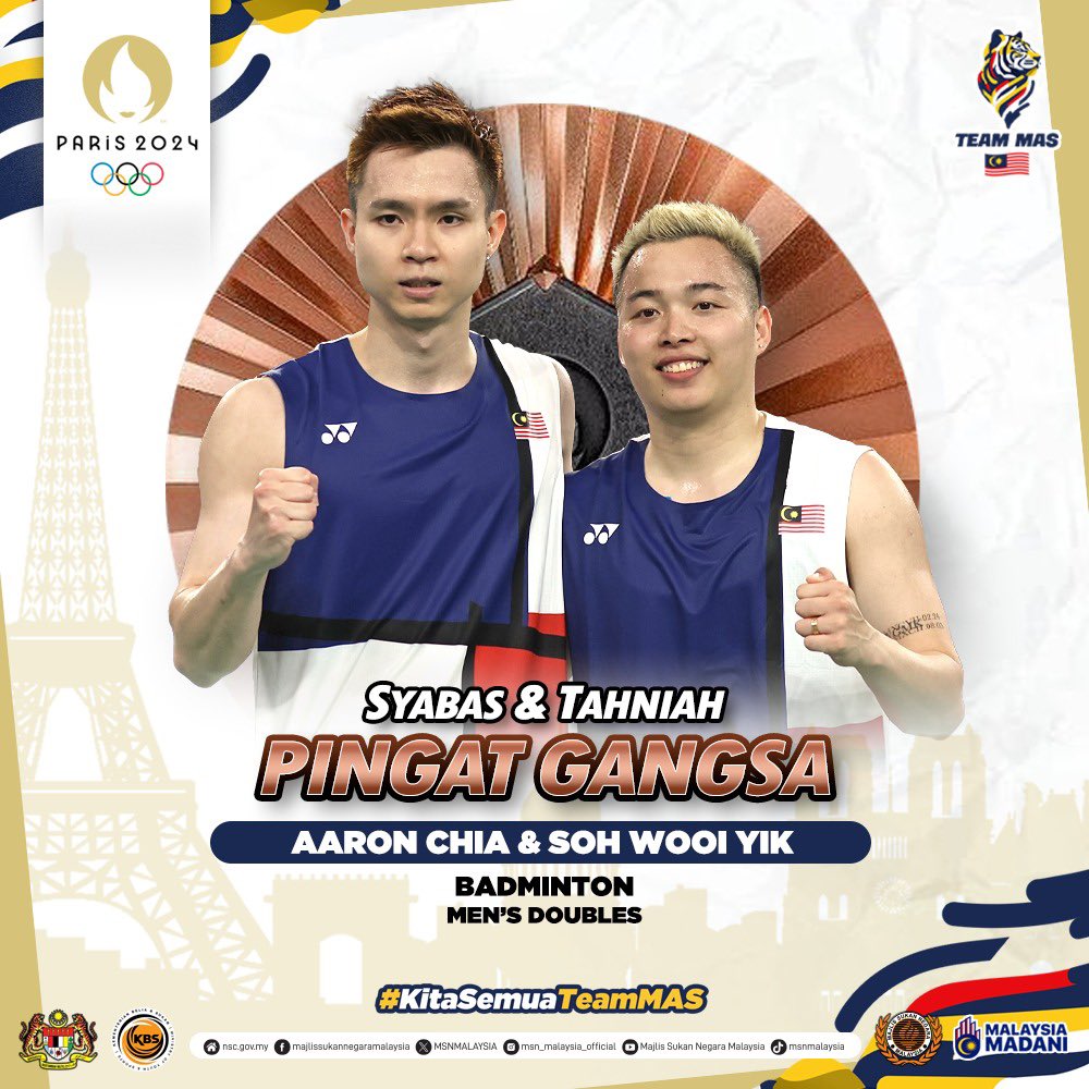 JaPenWPKL's tweet image. PINGAT PERTAMA MALAYSIA DI OLIMPIK #PARIS2024🥉🥳

Tahniah dan terima kasih Aaron Chia &amp;amp; Soh Wooi Yik kerana membawa pulang pingat gangsa untuk Malaysia!!!🇲🇾😭

#chiasoh #AaronChia #SohWooiYik #Olympics #Olympics2024 #BadmintonMalaysia #badminton #GoforGold #Malaysia #TeamMas