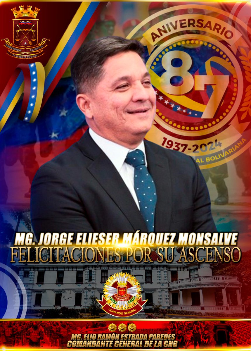 En nombre de la gran familia Guardia Nacional Bolivariana, extendemos nuestras palabras de felicitaciones al Mayor General Jorge Elieser Marquez Monsalve, por su merecido ascenso al grado inmediato superior, que este nuevo logro sea el inicio de más éxitos en pro de la paz y el