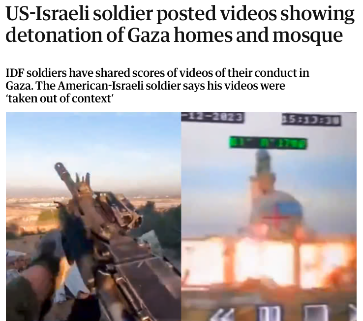 A Guardian report reveals that there are 60,000 Americans living in illegal Jewish settlements in the West Bank, as well as some 23,400 Americans serving in the Israeli army. Many are posting videos on social media showing them committing war crimes in Gaza. The US should be
