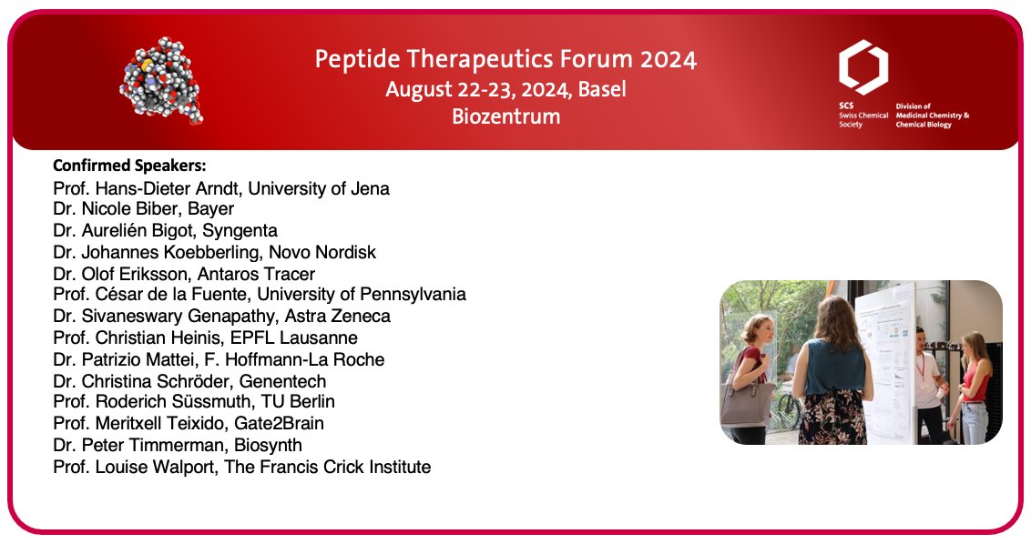 SwissChemistry's tweet photo. ‼️Last chance to register for the Peptide Therapeutics Forum 2024 🗓️Aug 22-23
@biozentrum
University of Basel 
 https://t.co/WKOWhLMU3n 
#ptf24 #peptides #chemistry #scs #medchem #chembio #symposia #switzerland https://t.co/s79iQZUOWu