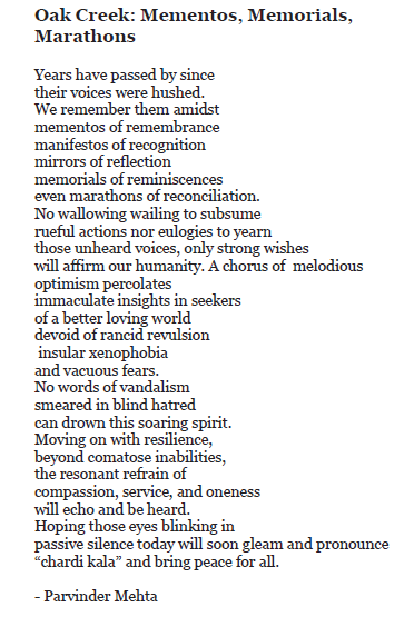 drpmehta's tweet photo. On 5th August 2012, a white supremacist killed 6 Sikhs and critically injured many worshippers in a Gurdwara at Oak Creek, Wisconsin. This poem evokes how we aspire towards the spirit of "chardi kalah" despite the threat of racism looming nearby. #OakCreek #OnWingsofWords #Sikh https://t.co/KIsykHc907