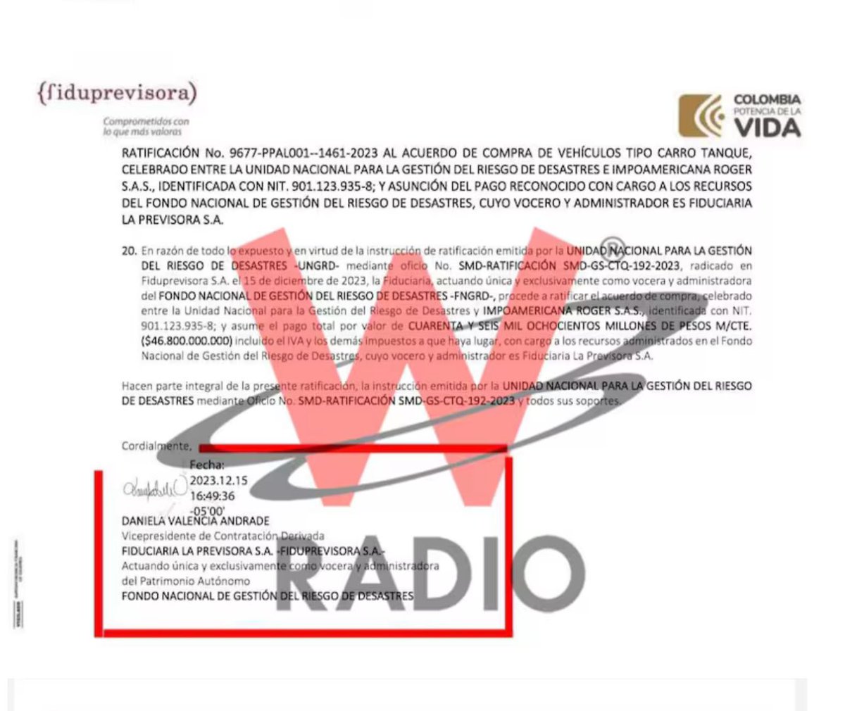 Danielbricen's tweet photo. La señora Daniela Andrade Valencia quien se desempeñó como Vicepresidente de Contratación Derivada de la Fiduprevisora y quien autorizó el pago de los carrotanques corruptos de Olmedo López fue nombrada como Notaria 36 de Bogotá, a pesar de estar en el escándalo de la UNGRD. https://t.co/40byFWEvnJ