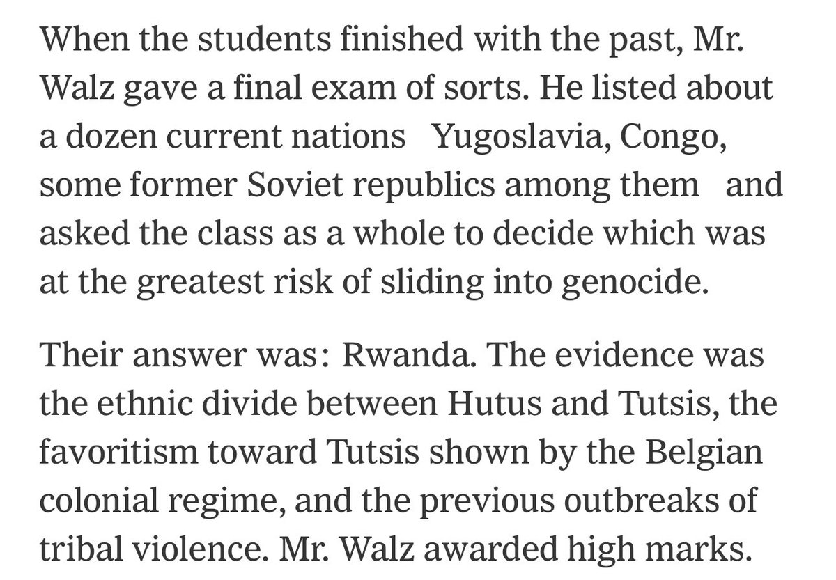 Tim Walz was a woke high school teacher who indoctrinated his students so thoroughly in the 90s that they predicted the Rwandan genocide

nytimes.com/2008/04/23/edu…