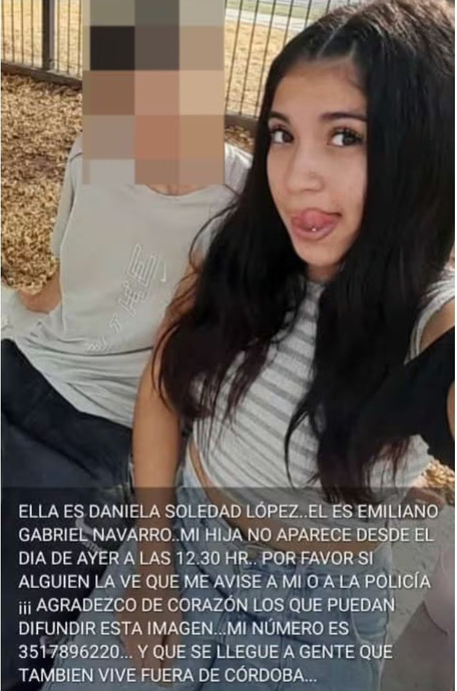 BÚSQUEDA EN TIEMPO REAL #CORDOBA
🆘 PEDIMOS MÁXIMA DIFUSIÓN 🙏
Daniela Soledad López tiene 17 años, desapareció el 2/8 en Córdoba capital. Es delgada, altura 1,65. Vestía buzo negro 
escolar y pantalón jean tipo cargo celeste. Avisar #Urgente a la familia☎️ 351-7896220 101 o 911