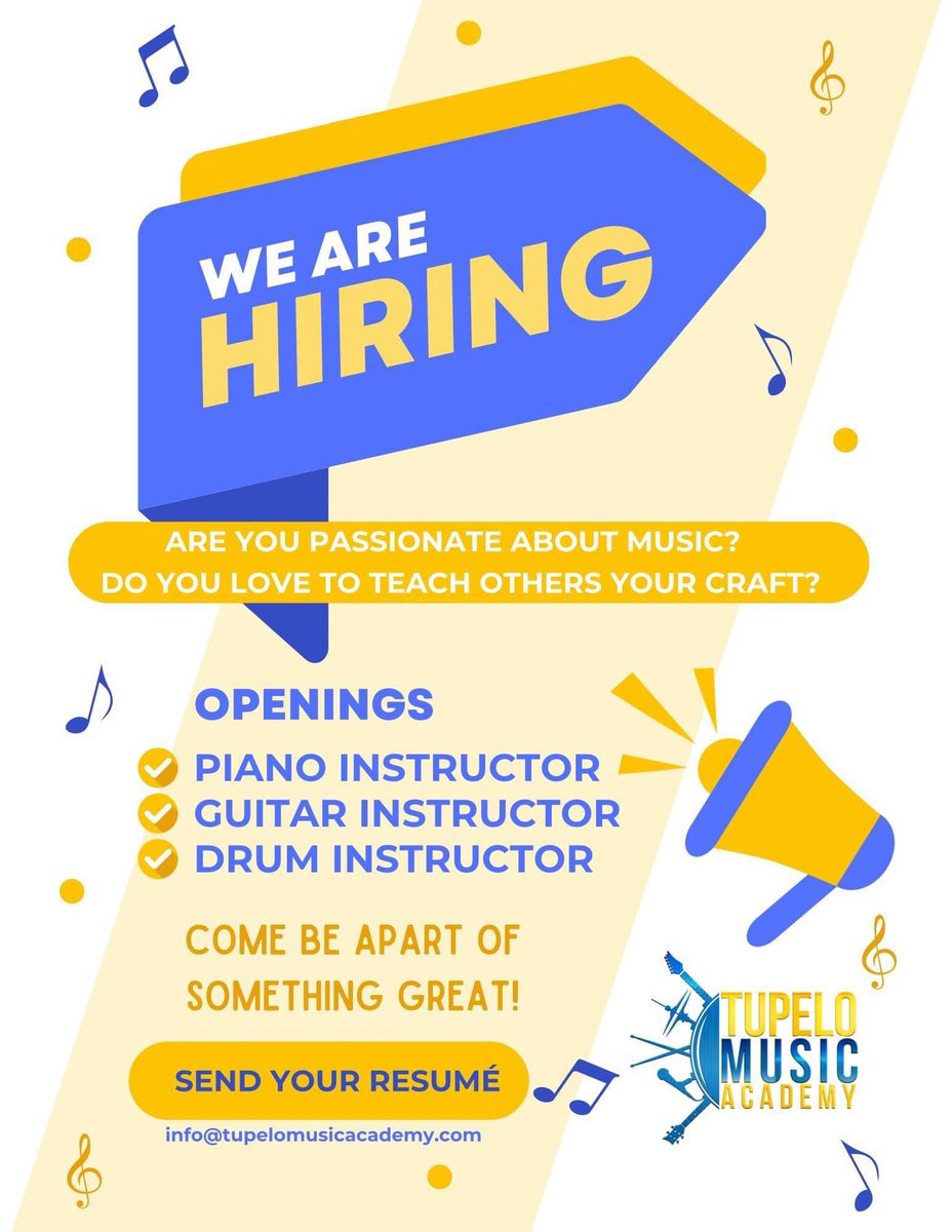 tupelomacademy's tweet image. Hey Hey:The Team is expanding . Send me a inquiry  at info@tupelomusicacademy.com 
#pianoteacher 
#violinteacher
#drumteacher 
#bassguitarteacher
#voiceteacher
Hey it’s terrence if you know a couple superstars who want a great gig. 
Send them our way .

Thank you 🙏🏽