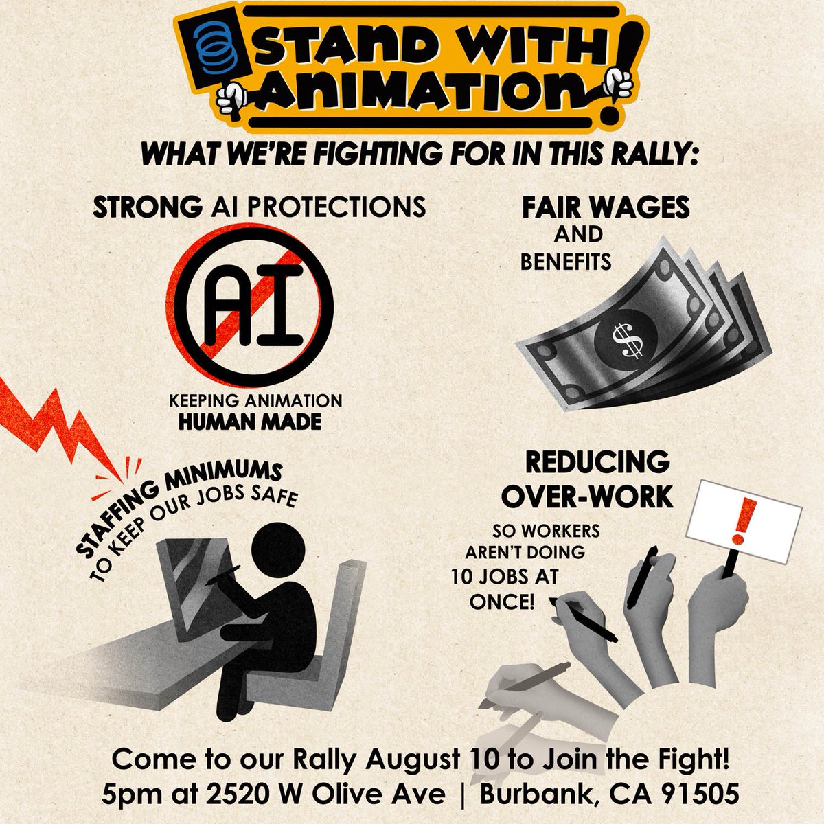 AWorkersIgnited's tweet photo. What exactly are animation workers fighting for anyway? 🤔 Come to the rally on the 10th to find out! 😎 Don’t delay, RSVP today: https://t.co/woheA6E5Gt https://t.co/3MRALNZJ03