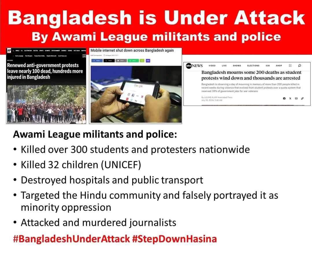 Terrorist Awami League government and its security agencies (Police, RAB, BRD) have committed grave actions in Bangladesh. 

.
#HumanRights #Bangladesh #SaveBangladeshiStudents #AllEyesOnDhaka🇧🇩