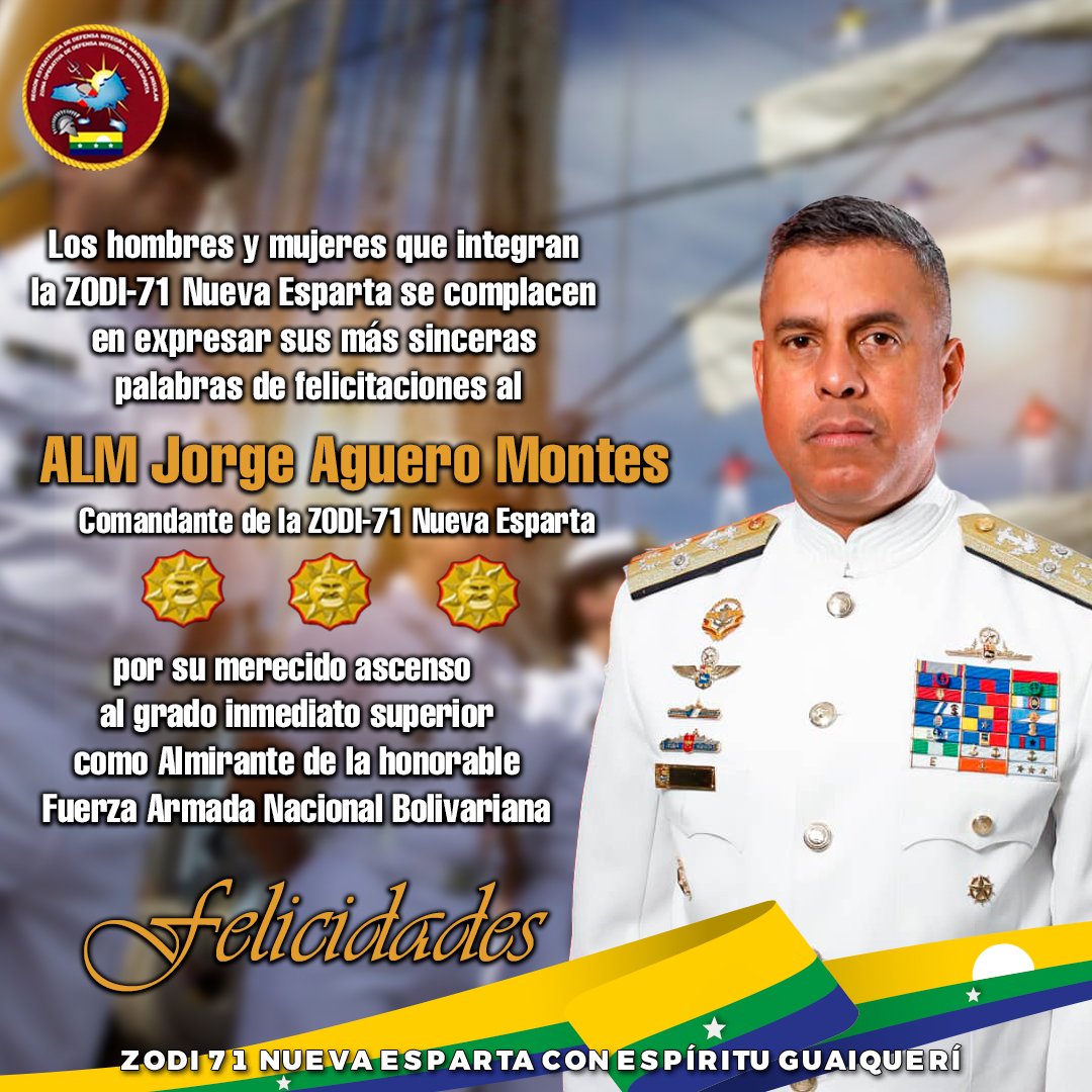 ¡Felicidades!

Los hombres y mujeres que integran la ZODI-71 Nueva Esparta se complacen en expresar sus más sinceras felicitaciones al ALM Jorge Aguero Montes, por su merecido ascenso al grado inmediato superior como Almirante de la honorable Fuerza Armada Nacional Bolivariana.