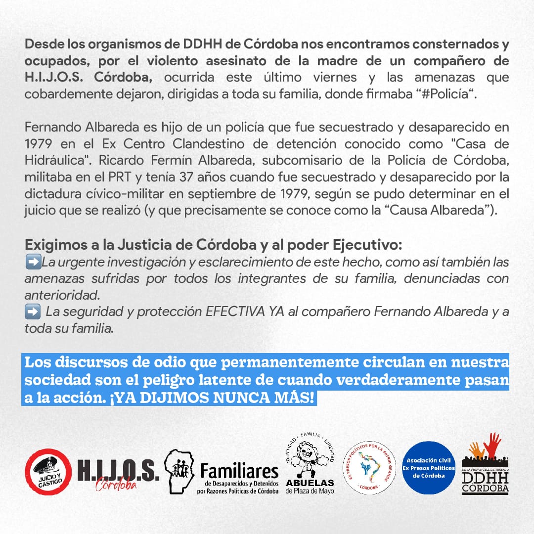 hijos_capital's tweet photo. ❗Compartimos el comunicado de los organismos de derechos humanos de Córdoba ante el asesinato de Susana, la madre de nuestro compañero Fernando Albareda. 
JUSTICIA. https://t.co/vLiGWMW1Np