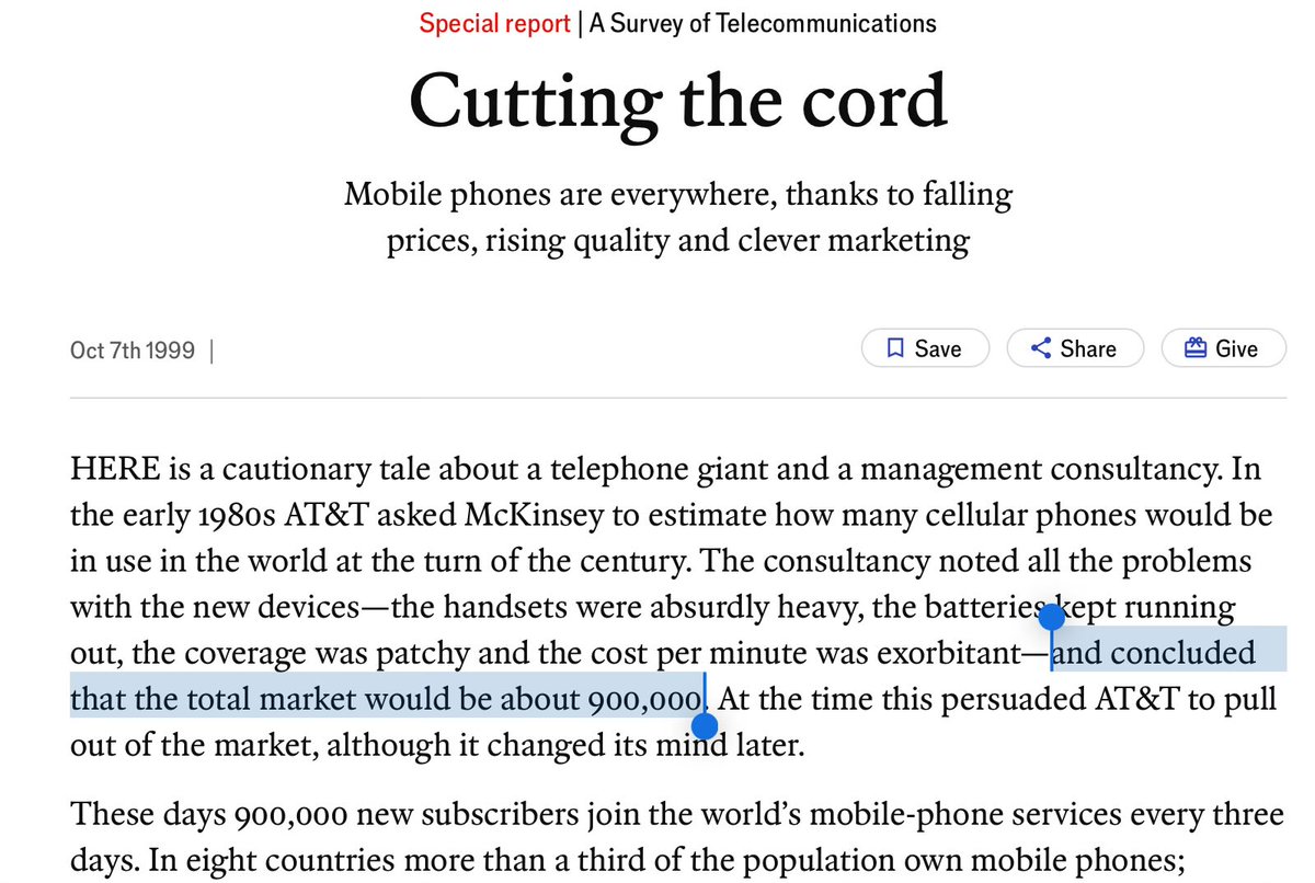 <a href="/paulg/">Paul Graham</a> It will age as well as the <a href="/McKinsey/">McKinsey & Company</a> “no more than 1M cell phones” estimate did