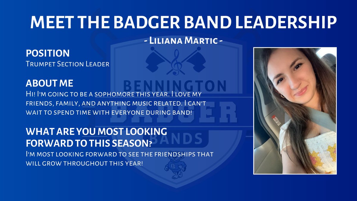 badgerbands's tweet photo. Meet the Badger Band Leadership Team!
We will continue to feature members on the leadership team each day as we approach our exhibition performance at the end of band camp.
Today we also feature our very own Liliana Martic!
@WeRBennington #WeAreBPS https://t.co/dynvKNiUPE