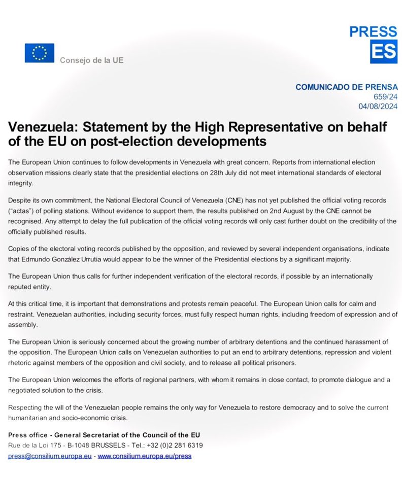 AlertaMundoNews's tweet photo. 🚨 | La Unión Europea emite un primer comunicado sobre la actual situación en Venezuela:

“Sin pruebas que lo respalden, los resultados del CNE no pueden ser reconocidos (…) Edmundo González Urrutia parecería ser el ganador de las elecciones presidenciales por una mayoria significativa”, dicen en el comunicado.