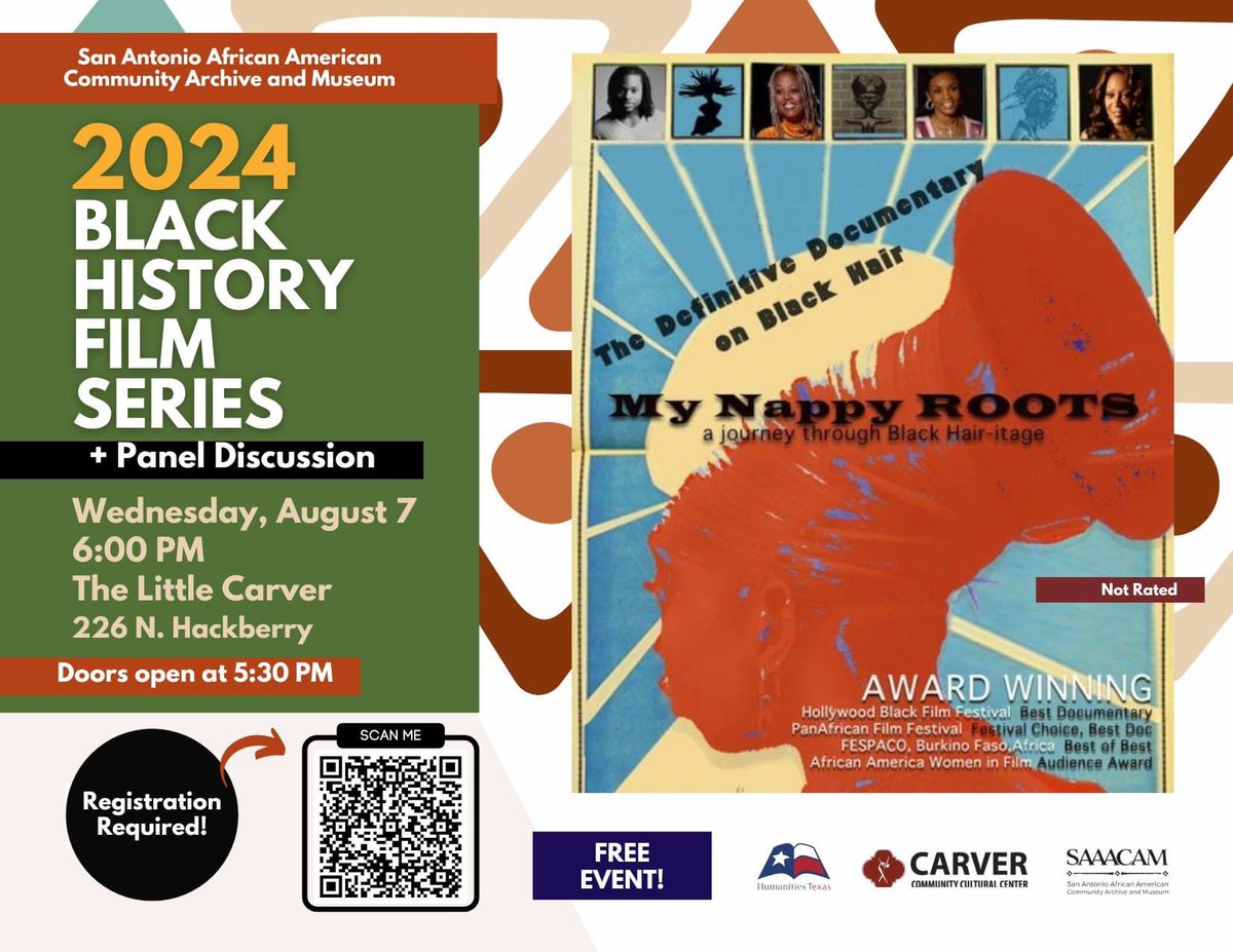 Join <a href="/archivemuseum/">SAAACAM</a> for our August Black History Film Series featuring the film: My Nappy Roots: A Journey Through Black Hair-itage”

Hairstyles have addressed the broader struggle of African American people in their search for social control, identity and economic independence.